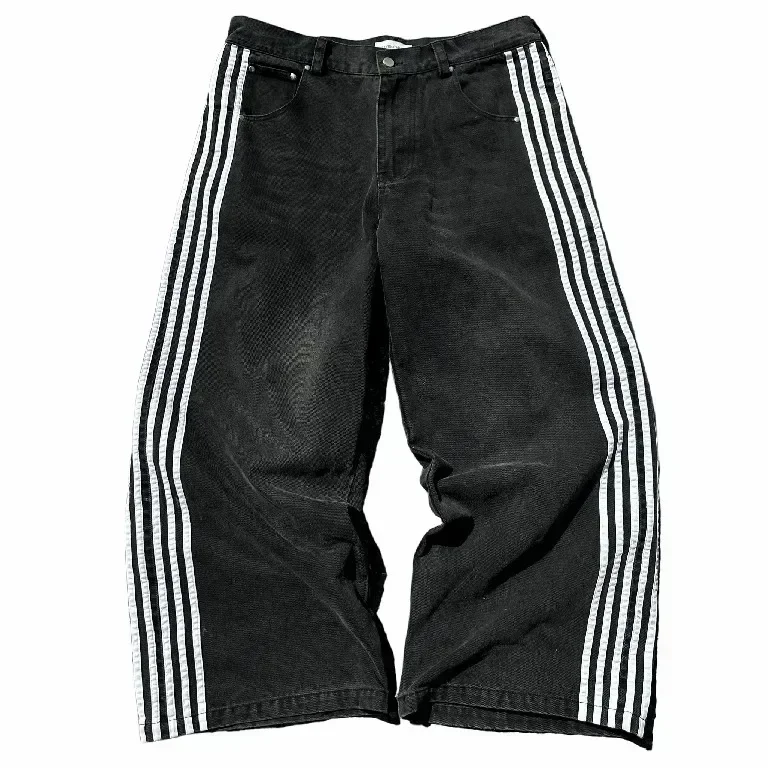 Calça jeans larga listrada preta masculina, calça jeans de perna larga, streetwear hip hop, gótica, bordada, retrô, rua alta, harajuku, Y2K