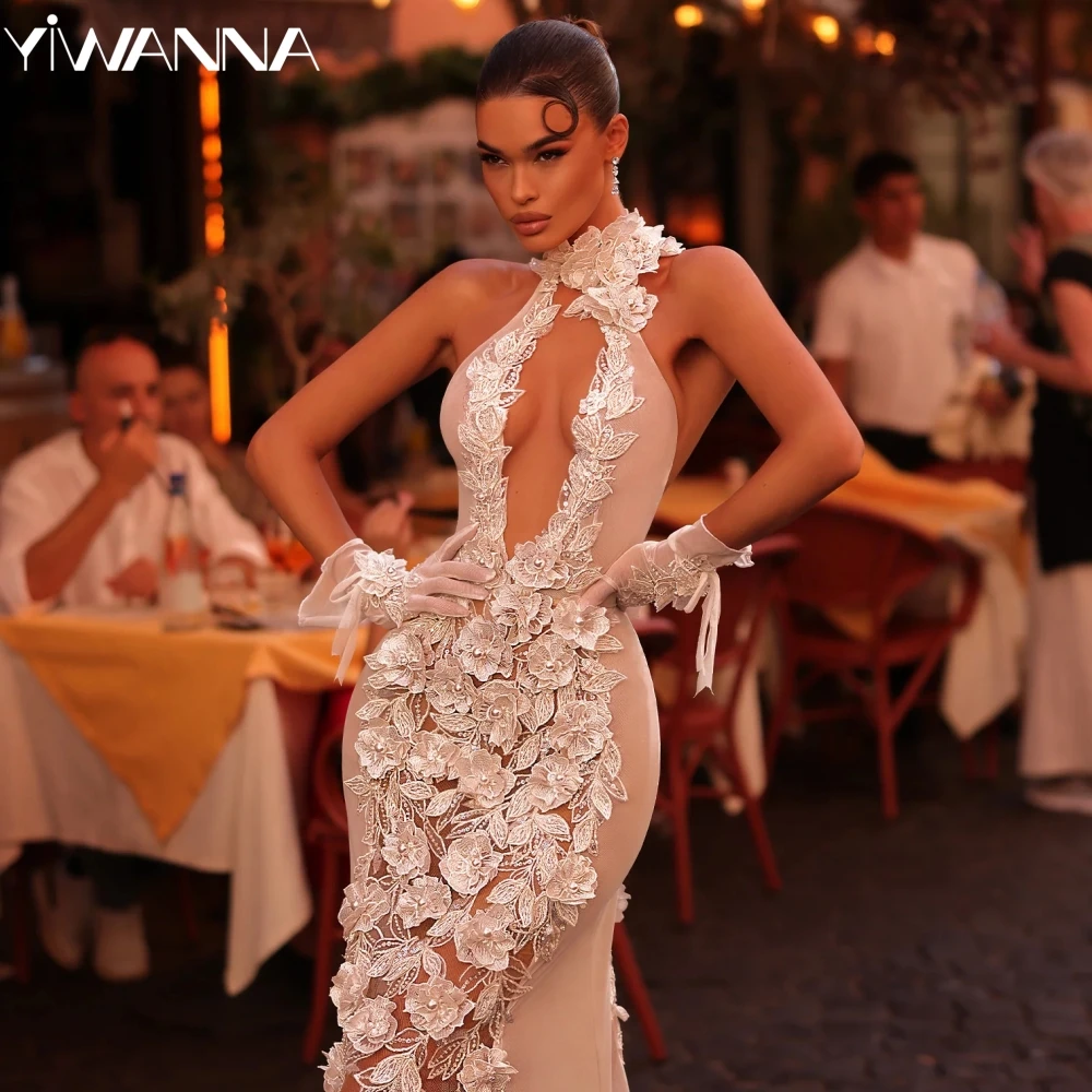 Charming Hand-made 3D Flower Wedding Dress Sexy Illusion Halter Bridal Gown 2026 Customized Gorgeous Beaded Dresses For Bride