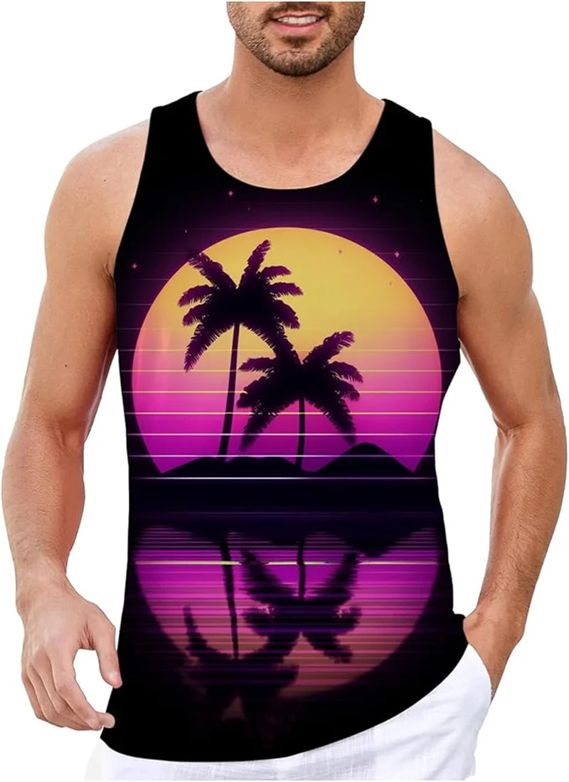 New Summer Coconut Tree Tank Top Men 3D Printed Beach The Sun Sets Pattern Vest Street Casual Sleeveless Tops Mens Clothing Ropa