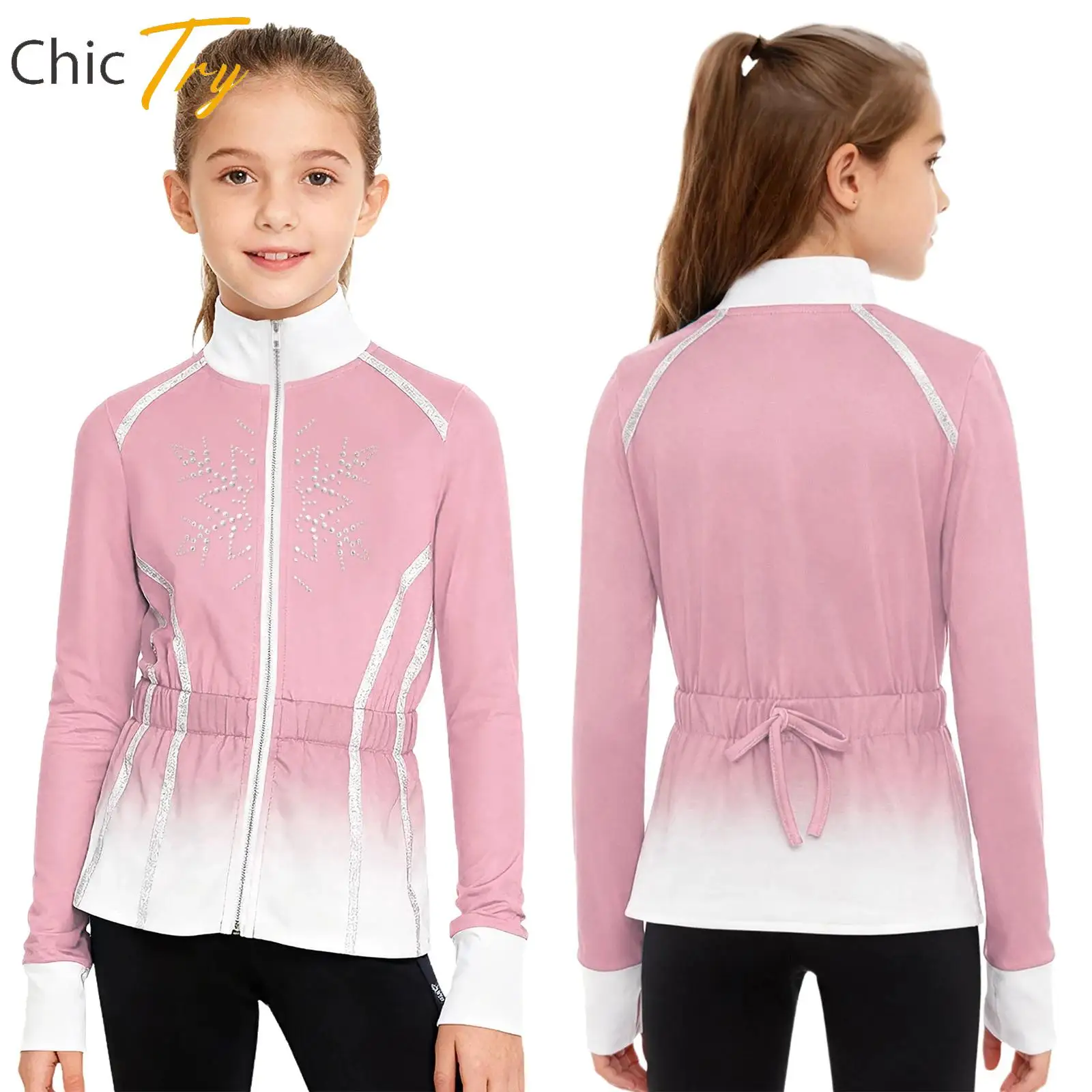 

Children Gradient Color Figure Skating Jacket Kids Long Sleeve Stretchy Snowflake Sweatshirt Outerwear Girls Competition Wear