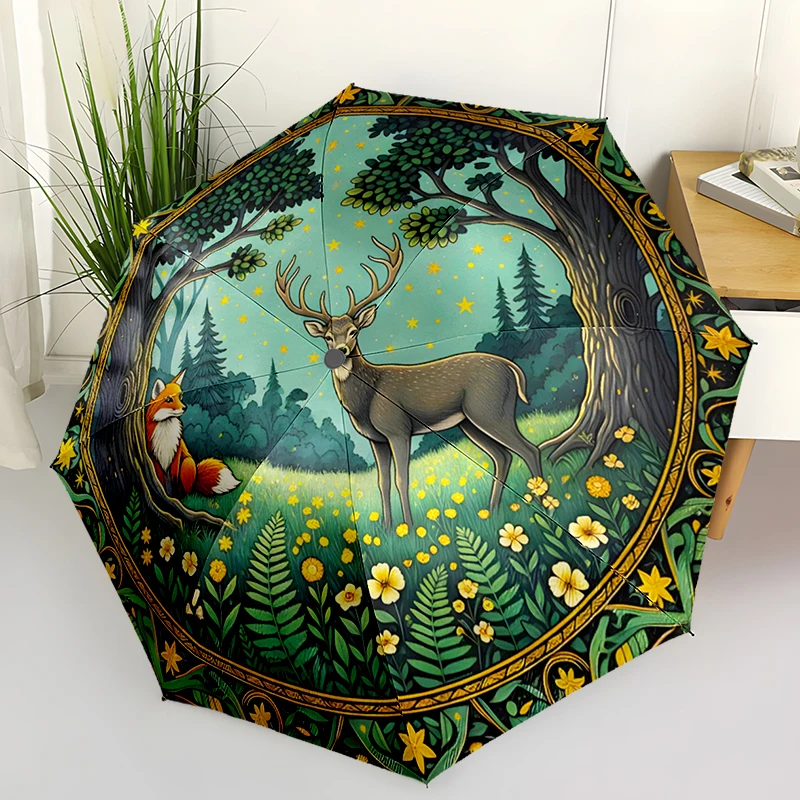 Deer Theme Design Folding Umbrella - Fashionable Auto-Open Design 8 Iron Ribs Plastic Handle Foldable Sunshade，Perfect Gifts
