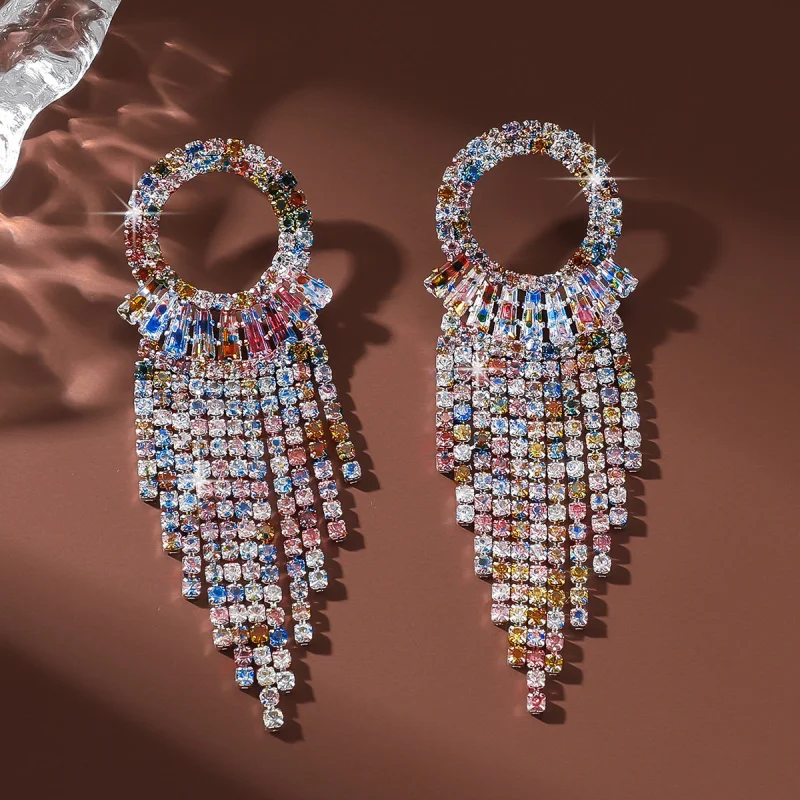 European and American Fashion Exaggerated Luxury Full Diamond Long Tassel Earrings for Women Elegant Versatile Evening Partyeari