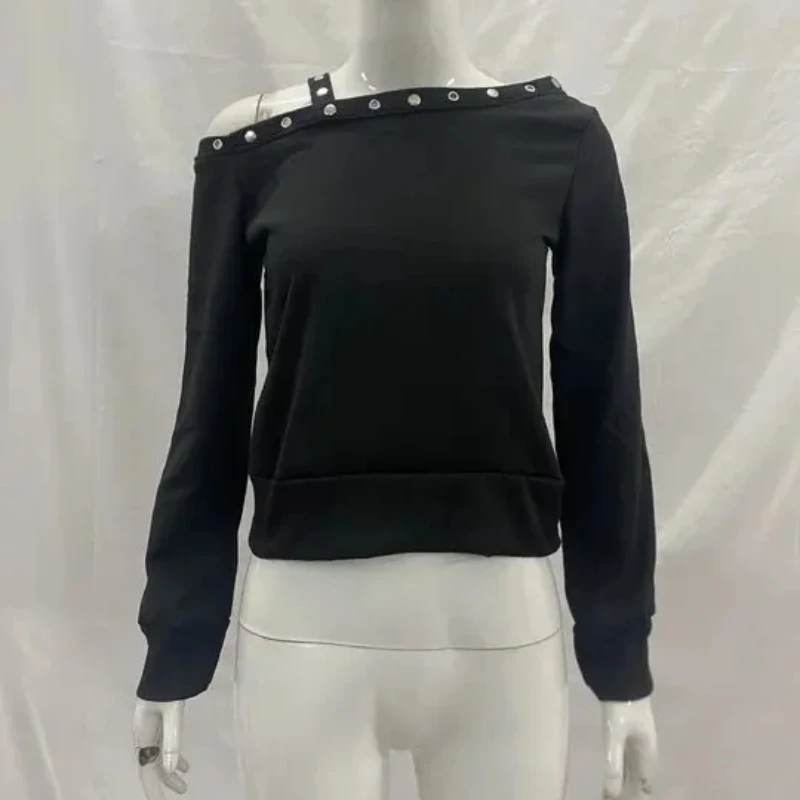 

Женская модная повседневная тонкая эстетичная универсальная футболка, осенняя футболка в стиле Харадзюку с индивидуальными заклепками и темпераментом, футболка с наклонными плечами