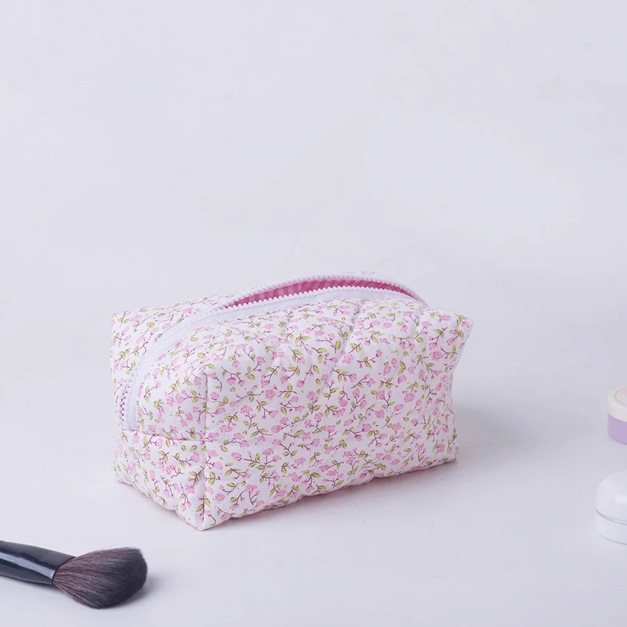 Aufbewahrungsorganisator mit Blumenmuster, geschwollene, gesteppte Make-up-Tasche, Kosmetiktasche mit Blumenmuster, große Reise-Kosmetiktasche, Make-up-Zubehör – Detail 7