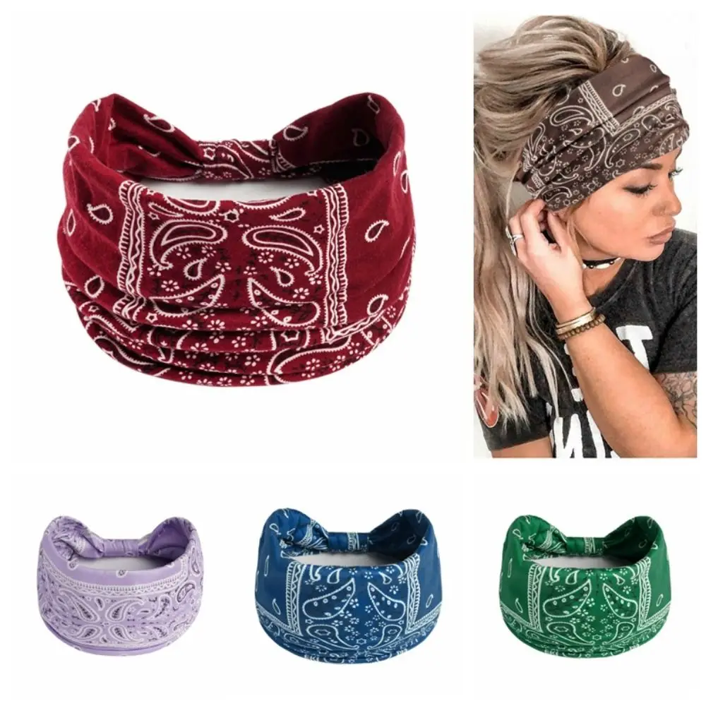 

Retro Cashew Print Boho Knot Turbans Headwrap Wide Edge Elastic Floral Bandanas Headband Unisex Colorful Sports Sweatband Sports