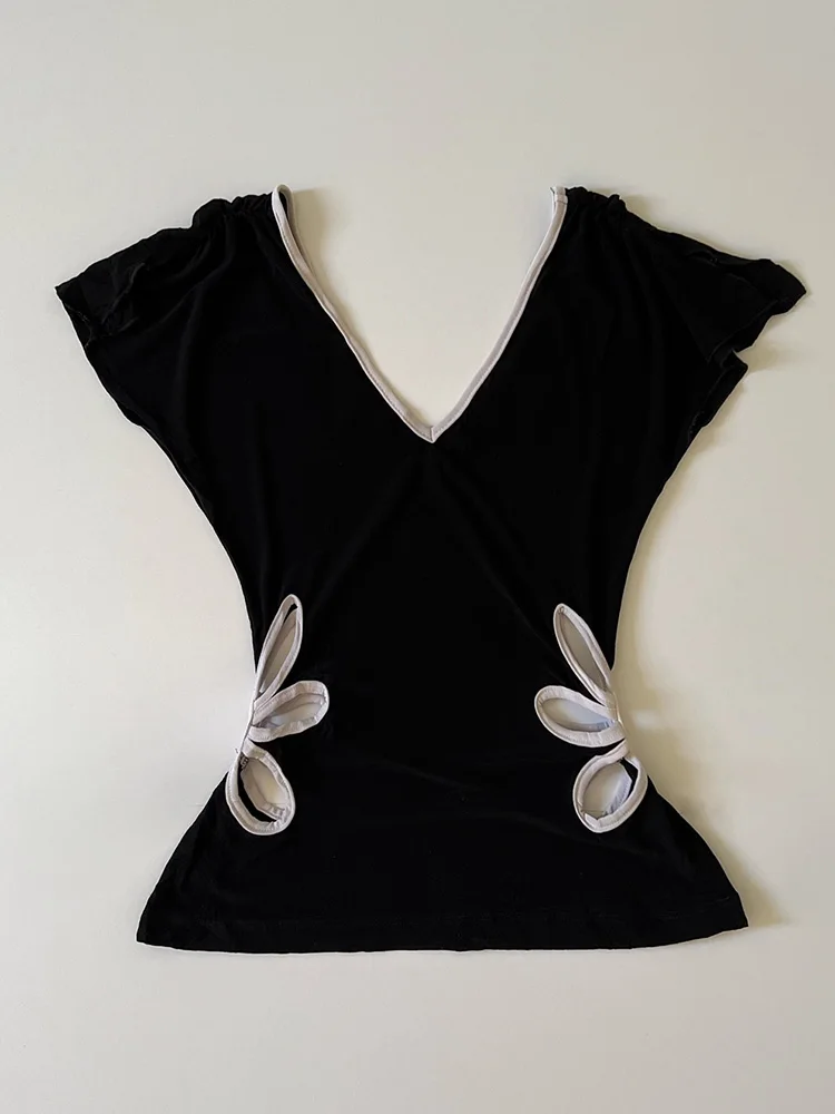 

Chayue Weiyun Original Design Printed ort Sve T-irt Waist-Cinching V-Ne Bla Top Summer Casual Sle Polyester Fiber