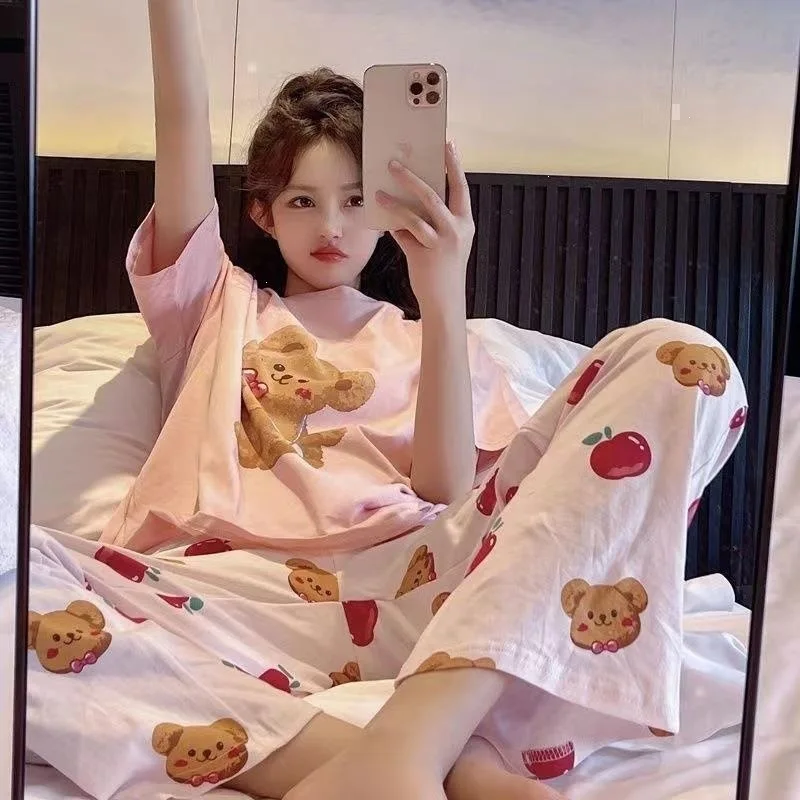 Women's Summer Short Sleeved Pajama Home Clothing Set Cartoon Grid Loose Breathable Short Sleeved Pants Home Clothing Set