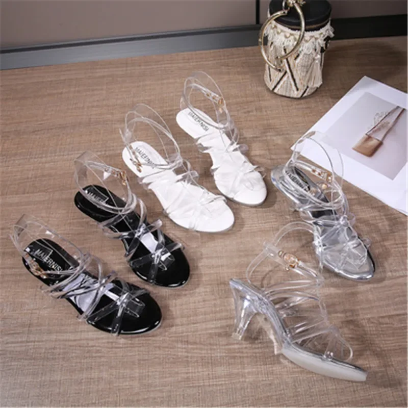 Verano Mujer 6,5 CM tacones altos sandalias de cristal boda Stiletto nupcial elegante Sexy transparente Stripper tobillo correa zapatos de graduación