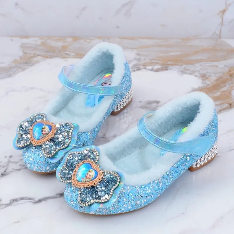

Disney Princess Kids Warm Winter Shoes for Girls Elsa Casual Glitter Children Flat Heel Girls Shoes Butterfly Knot Blue Pink
