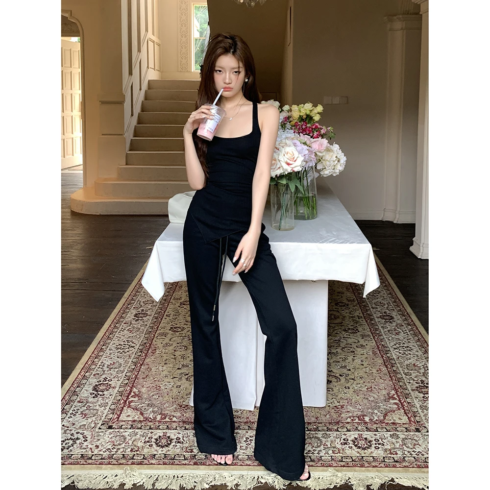 กางเกงขายาวผู้หญิงเอวสูงสีพื้นเรียบง่ายสไตล์ลำลองแฟชั่นฤดูใบไม้ร่วง