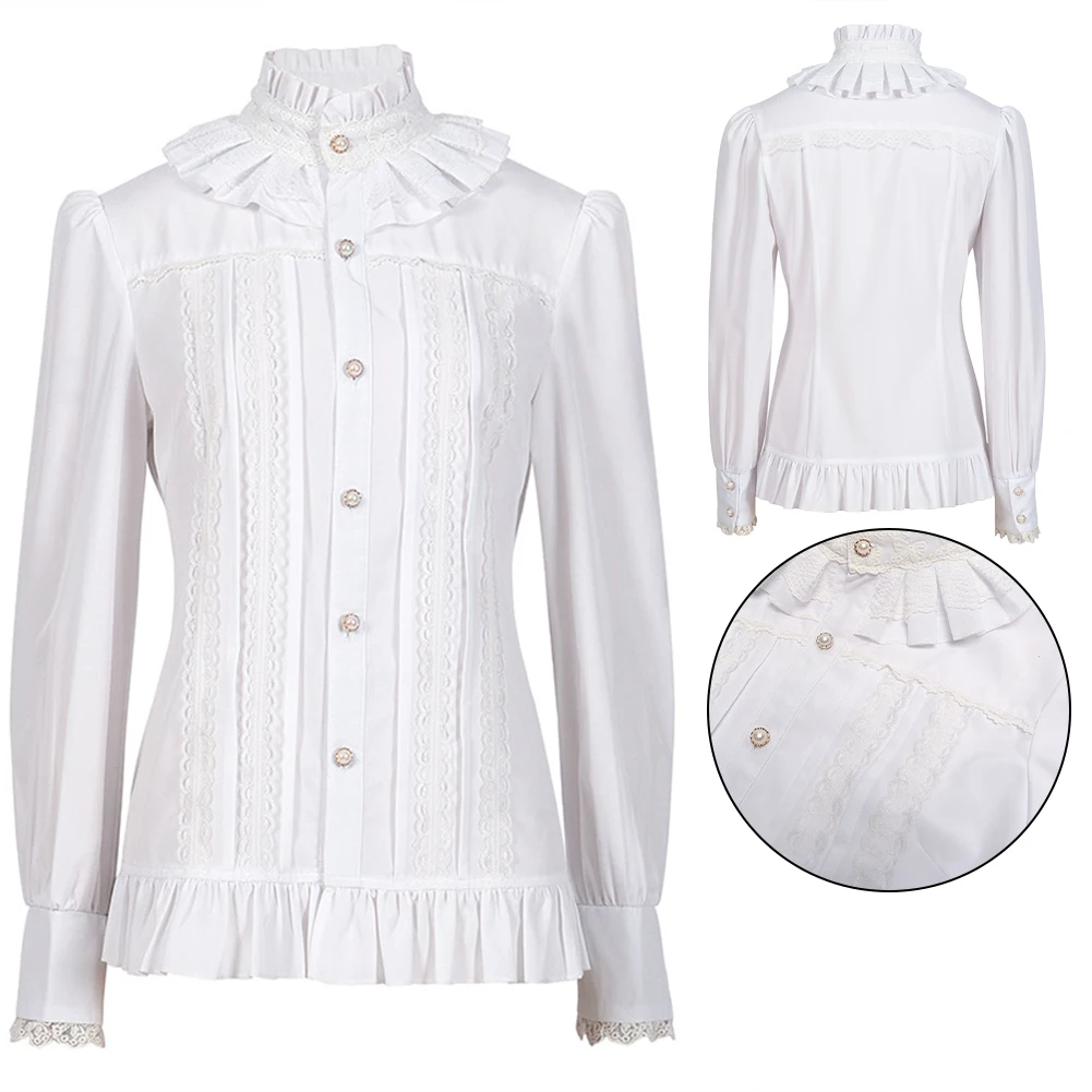 Vintage Victorian Women\'s Shirts And Blouse Solid White Gothic Stand Collar Lace Lolita Lotus Ruffle Tops Shirt Woman Clothing