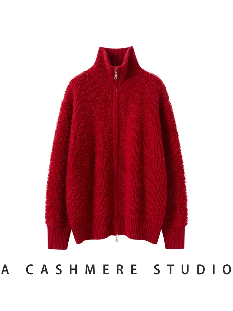 

TLOML Women's 100% Cashmere Sweater Turtleneck Towel Embroidery Double Zipper Cardigan Autumn Winter Thicken Loose Knitwear Coat