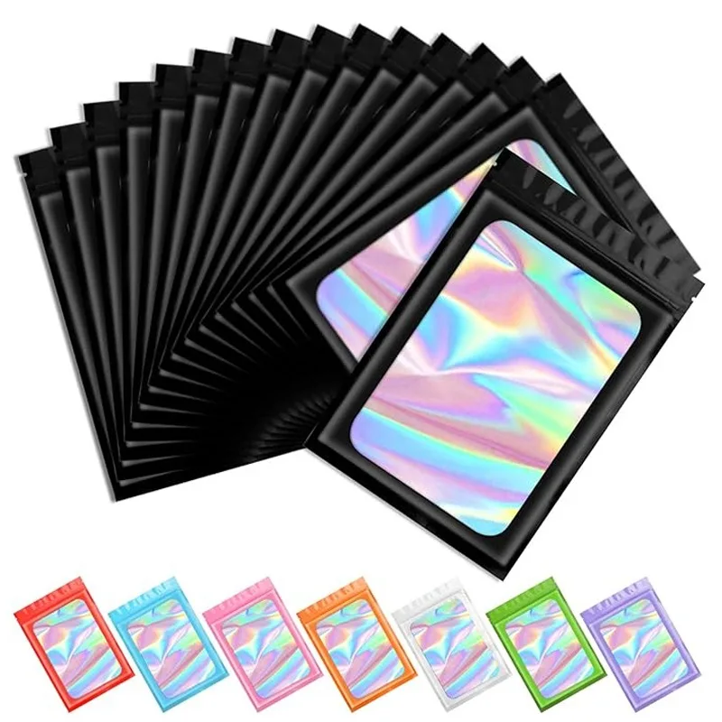 100 Uds bolsa holográfica Ziplock bolsas de plástico con cremallera iridiscente láser para manicura pestañas exhibición pendientes anillo bolsas de almacenamiento de joyería