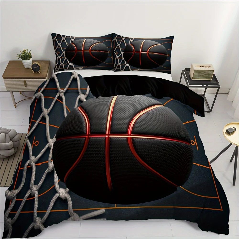 Basketball Court Basketball Net Basketball Sports Black Background Printing Soft And Comfortable Bedding Set For Bedrooms