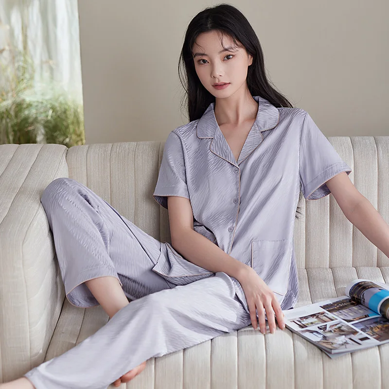 

Women silk satin pajamas set summer short sleeve top long pants 2 pieces sets luxury home clothes turn down collar pijamas mujer