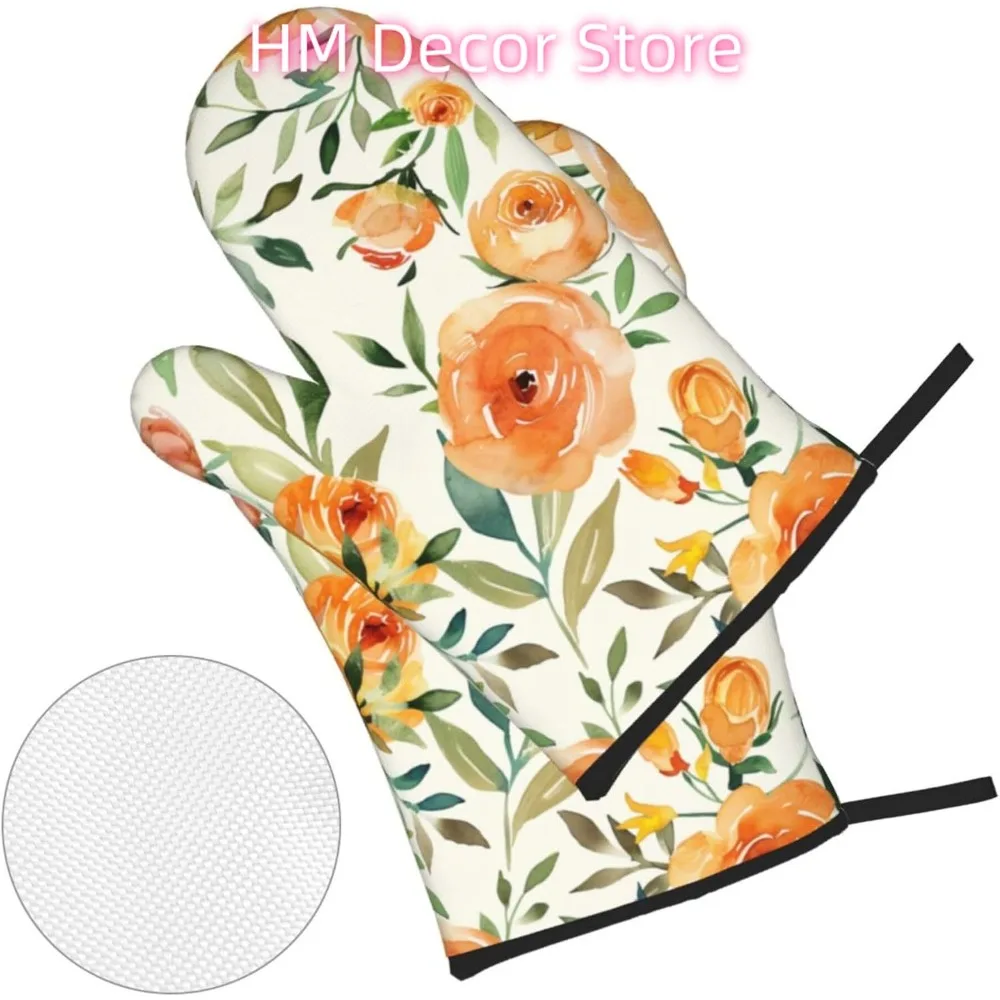 Orange Blossom Florals Oven Mitts and Pot Holders Sets of 4, Cute Heat Resistant Oven Mitts - Non-Slip Cooking Gloves for Kitche