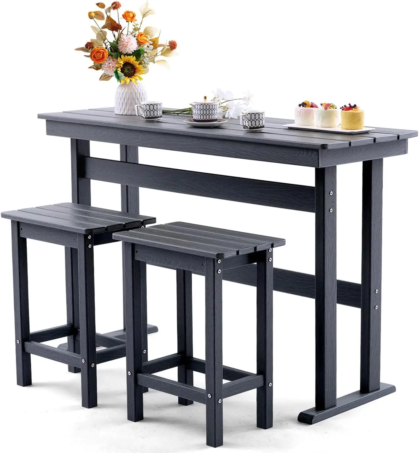 3 Piece HDPE Outdoor Bar Table Chair Set 2 Dark Grey 539 Inch Bar Height Table 2 Stools Tuck Underneath 330 Lb Capacity Per Piec
