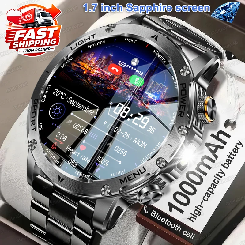 Montre connectée pour hommes 2026, nouvelle batterie ultra durable de 1000 mAh, écran AMOLED de 1,7 pouce, appels Bluetooth, fréquence cardiaque, étanche, suivi sportif, montre connectée militaire d'extérieur
