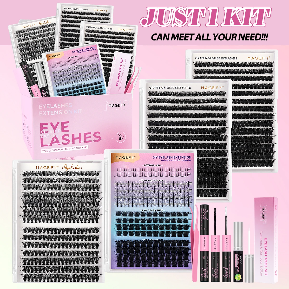 

MAGEFY Individual Eyelashes Set with 1096 Cluster Lashes Eyelash Glue Lash Remover Tweezers for Beginners to Operate Beauty Gift
