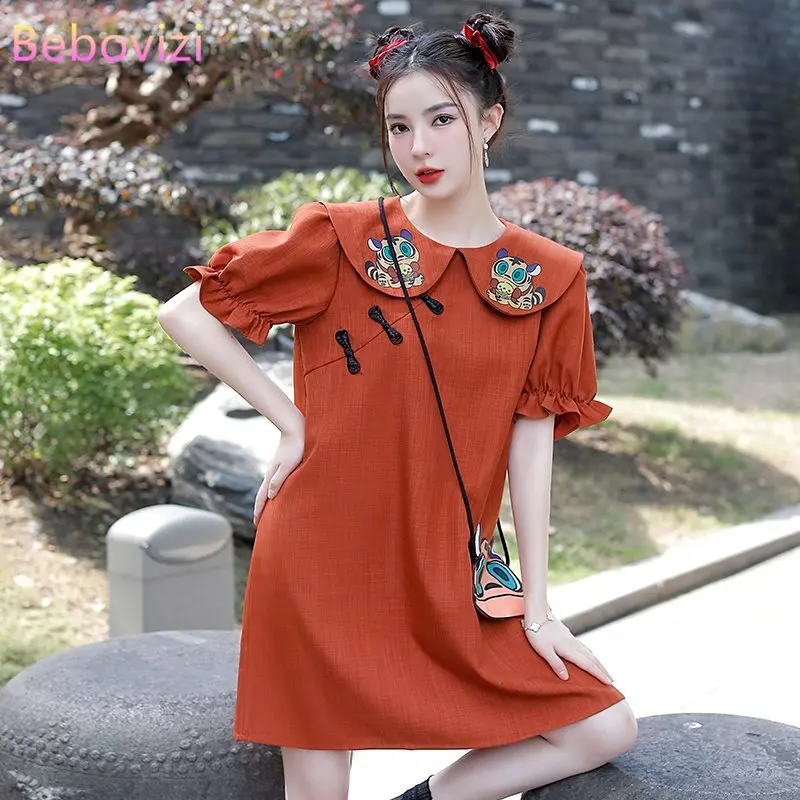 2022 Summer Casual Loose Short Sleeve Women Midi Qipao Dresses Doll Collar Cheongsam Dress Plus Size 4XL