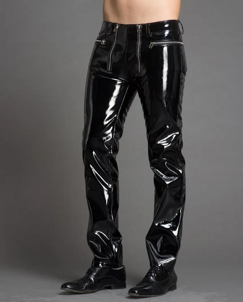 2023 New Men Fashion Slim Bright Painted Leather Pants Zipper Personality Man Trousers 2022 Male Singer Sexy Stage Costumes