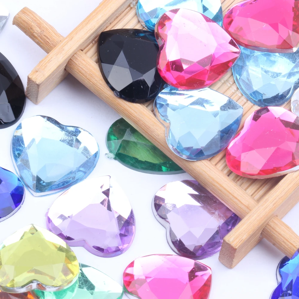 20mm 10/100pcs Flat Back Facets Acrylic Rhinestones Heart Shape Many Colors Glue On Beads DIY Crafts Garments Decorations