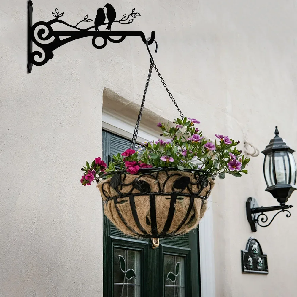 Bird Pattern Flower Basket Holder Wall Mounted Metal Bracket Hanger Rustic Style Wide Base for Outdoor Indoor Garden Yard Street