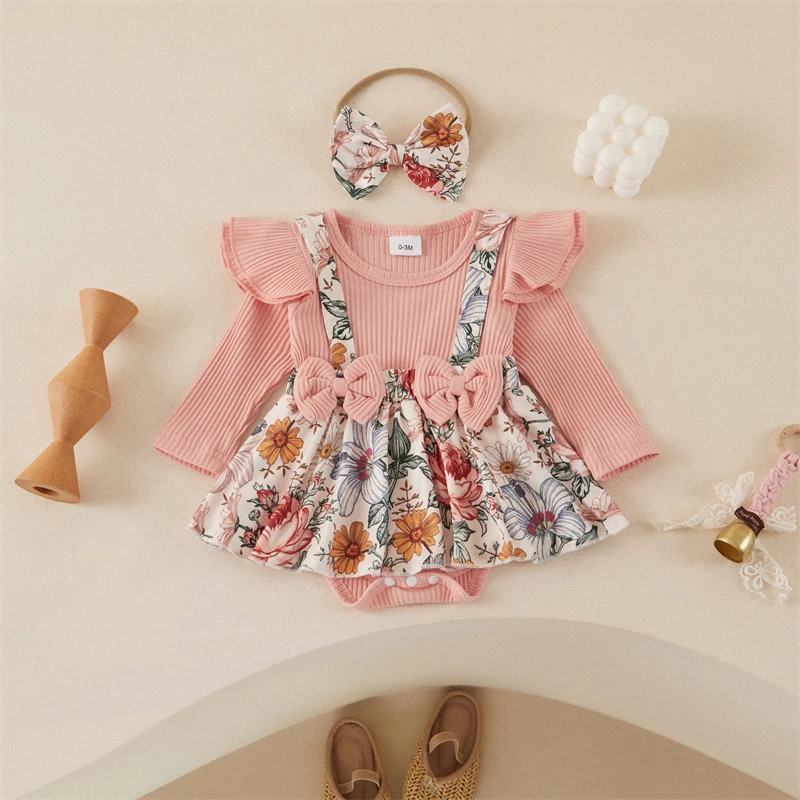 

Tregren 0-18M Infant Baby Girl Fall Outfit Flower Print Round Neck Long Sleeve Ribbed Romper Dress Bow Headband Toddler Sets