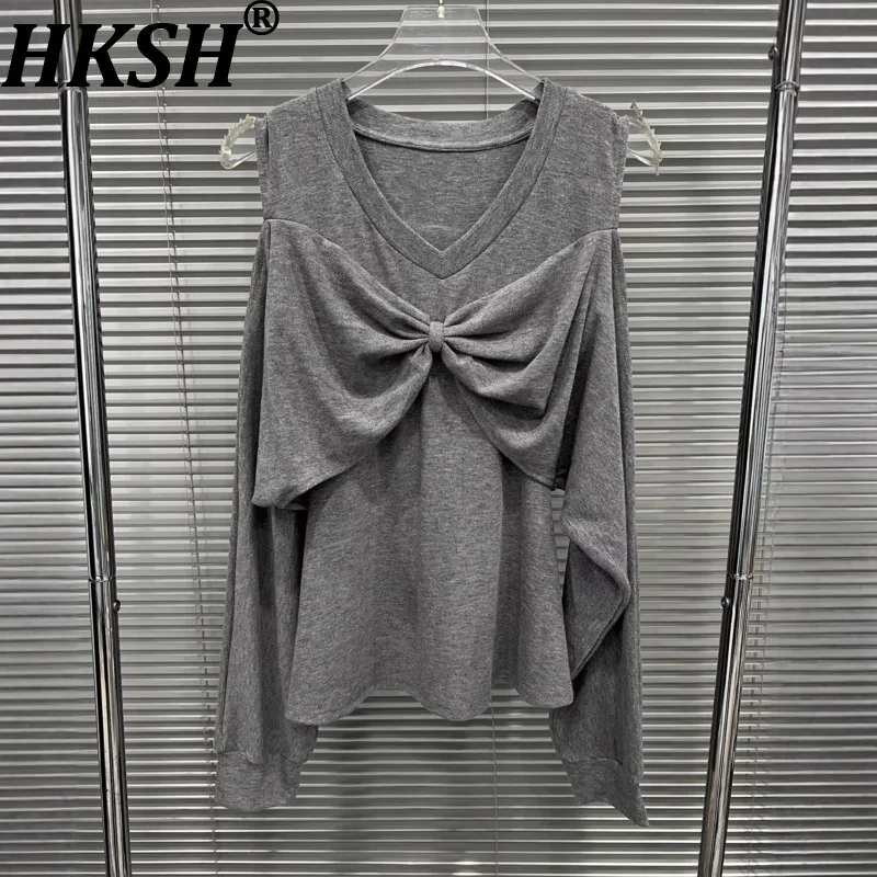 

Новая женская вязаная кофта HKSH 2026 с бантом, V-образным вырезом, открытыми плечами, длинными рукавами, имитация двухслойного платья, однотонная, шикарная футболка HK18924