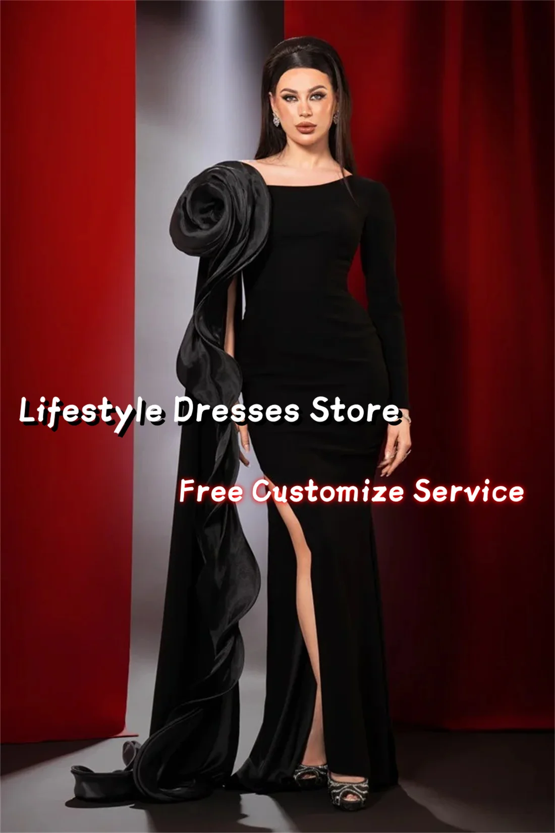 Customized Crepe Long Sleeve Cape Prom Dresses Side Slit Saudi Elegant Flower Evening Dresses Party Gown Formal Occasion Dress