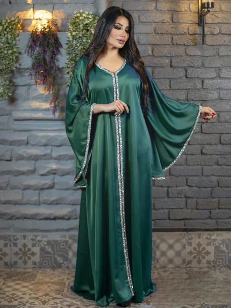 

Eid Muslim Long Dress Women Solid V Neck Jalabiya Dubai Abaya Moroccan Kaftan Elegant Vestidos Party Dresses Ramadan Caftan 2024