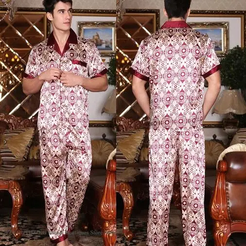 جديد الذكور منامة مجموعة Homewear طباعة قصيرة الأكمام بنطلون الدعاوى منامة حريري الساتان الرجال ملابس خاصة صالة ارتداء بيجامة فضفاضة