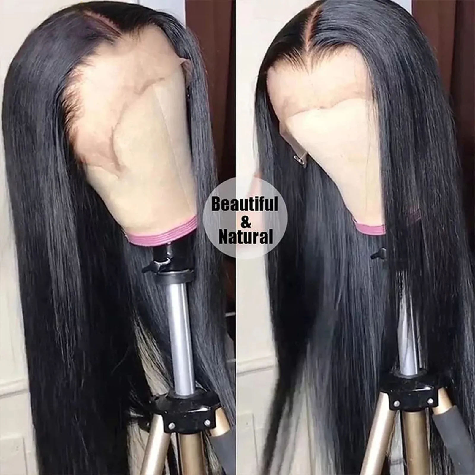 Peluca recta con malla frontal para mujeres negras, cabello humano prearrancado, sin pegamento, Color Natural, 20 pulgadas