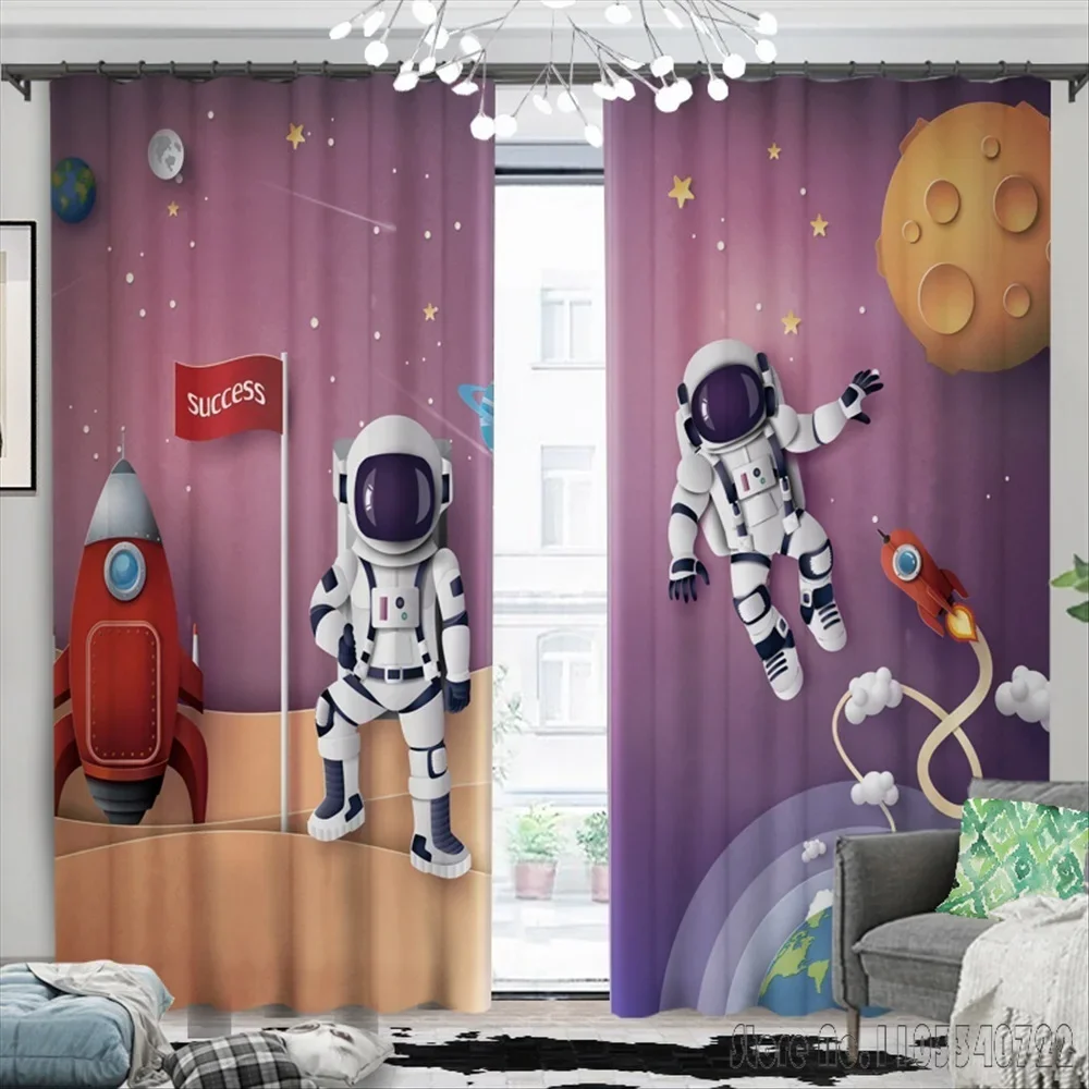 Anime Space Rocket Astronaut Window Curtain 3D Print Blackout Curtains Living Room Bedroom Decor Custom Kids Gift