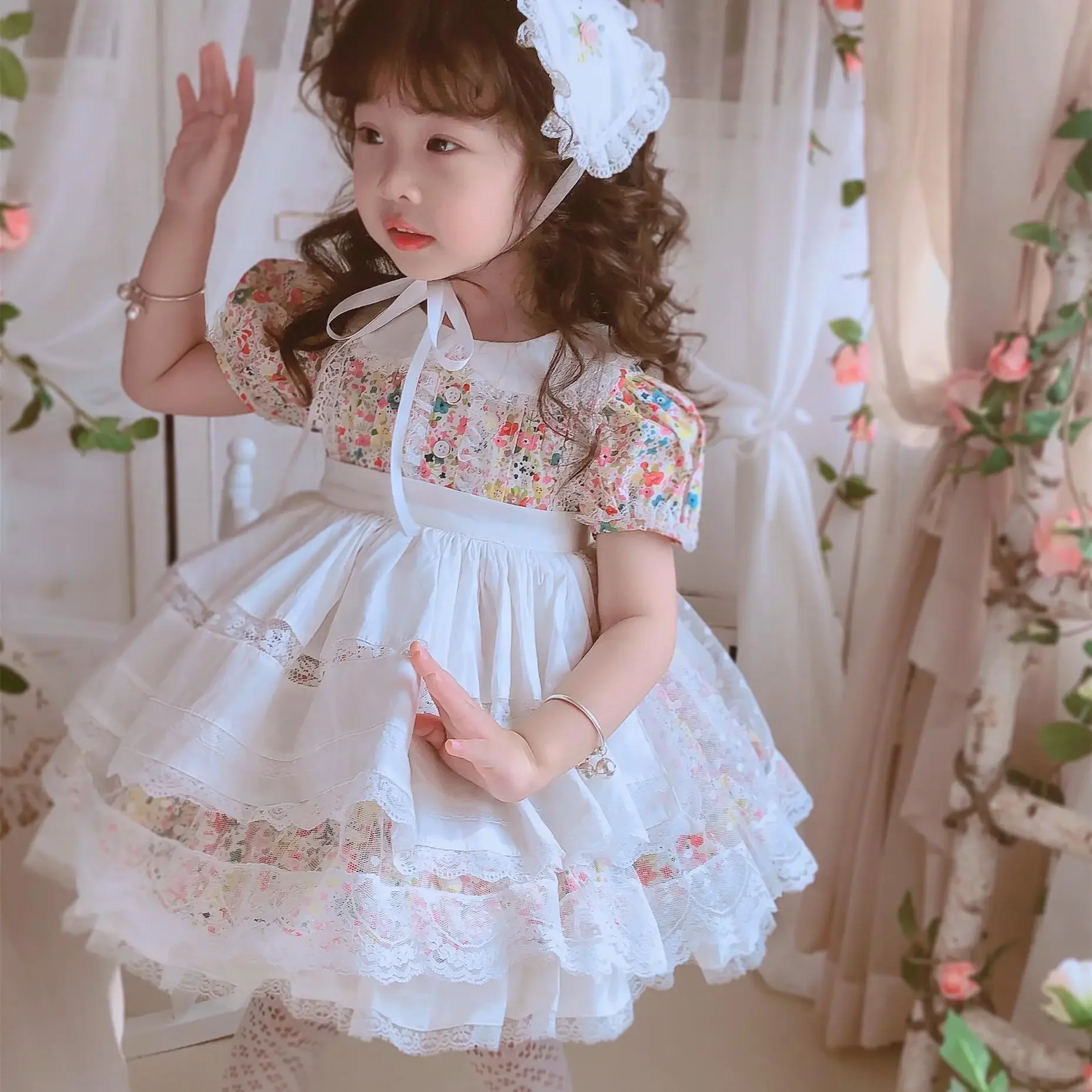 Baby Girl Lolita Princess Dress Summer Spring Doll Collar Children Floral Puffy Birthday Party Sweet Children Tutu Maid Dresses