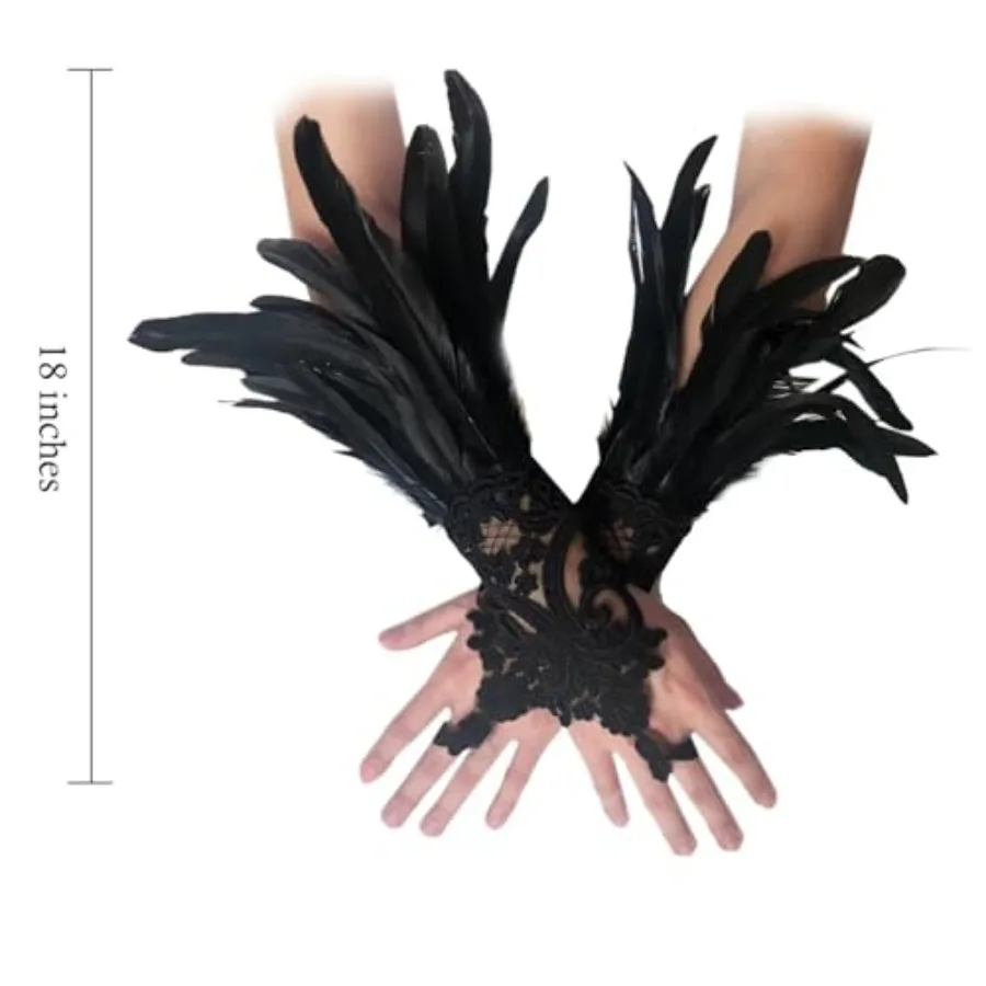 BRYCTSISEN Feather Gloves Long Gothic Fingerless Lace Gloves