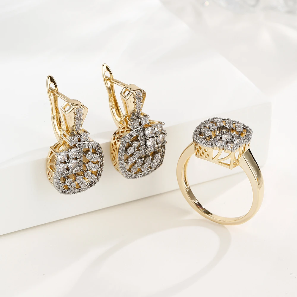 Square Hollow Full Diamond Earrings Ring Retro Jewelry Set Copper Plated Two-Tone Gold Banquet Pai'Dui Wedding Accessories