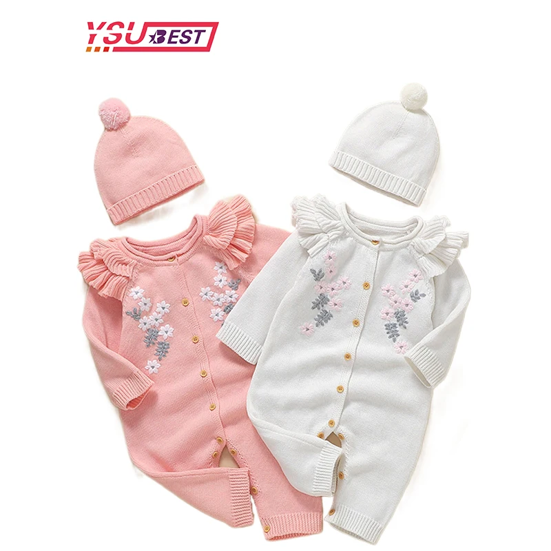 

Spring Autumn Baby Girl Romper Knitted Newborn Baby Embroider Flower Romper + Hat Toddler Jumpsuit Kids Cotton Toddler Jumpsuit