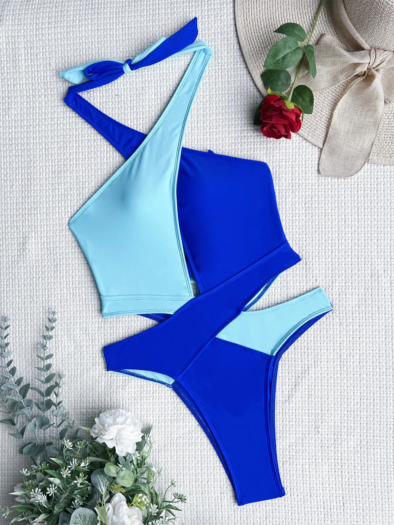 เซ็กซี่ Cross Halter Bandage Patchwork ชุดว่ายน้ํา One Piece ชุดว่ายน้ําชายหาดชุดบอดี้สูท Biquini Tankini ชุดว่ายน้ํา