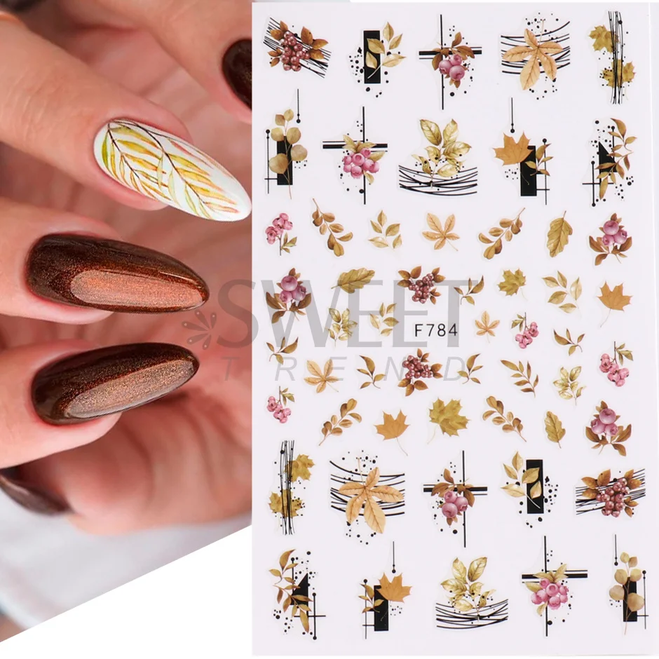 3D Autumn Nail Stickers Gold Fall Design Line Grass Maple Leaf Polish Decals for Manicure Decorations Nail Art Sliders SAF782