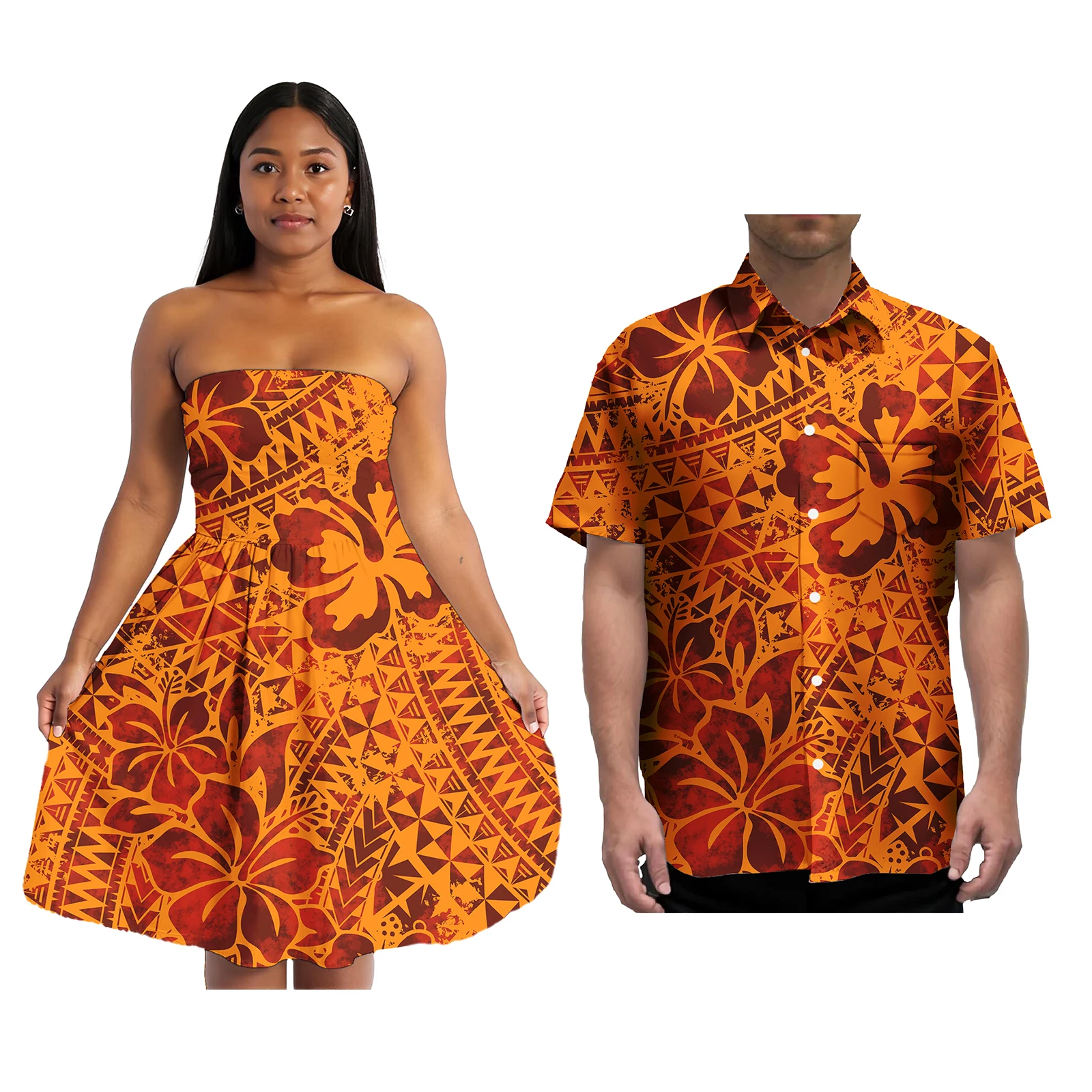 ซามัว Puletasi ชุดจับคู่ Aloha Mens เสื้อคู่เสื้อผ้าสไตล์ฮาวายออกแบบโลโก้ที่กําหนดเองผู้หญิงชุดมินิ