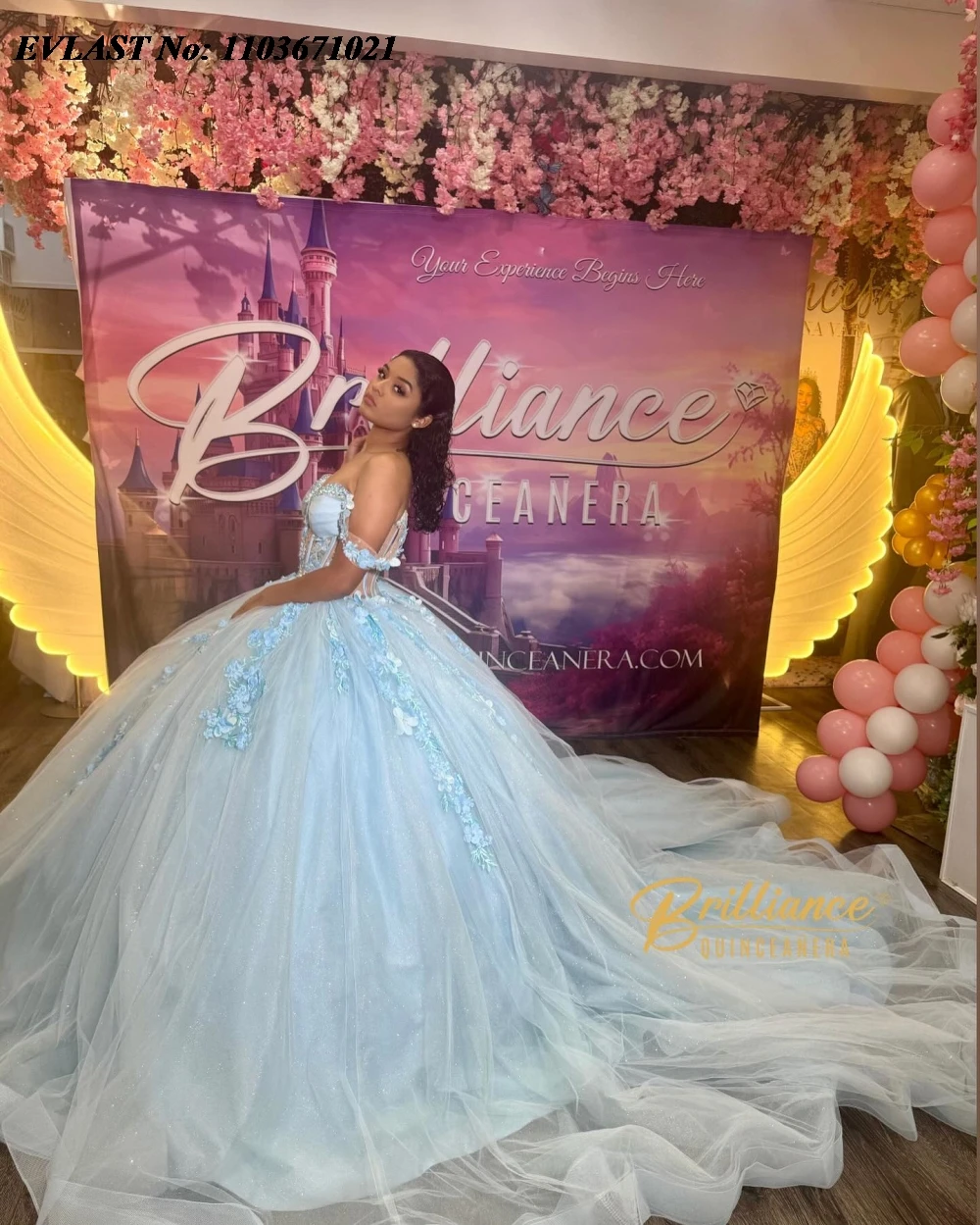 EVLAST Glitter Sky Blue Quinnceanera Dress Ball Gown 3D Floral Lace Applique Beading Corset Sweet 16 Vestidos De 15 Anos SQ576