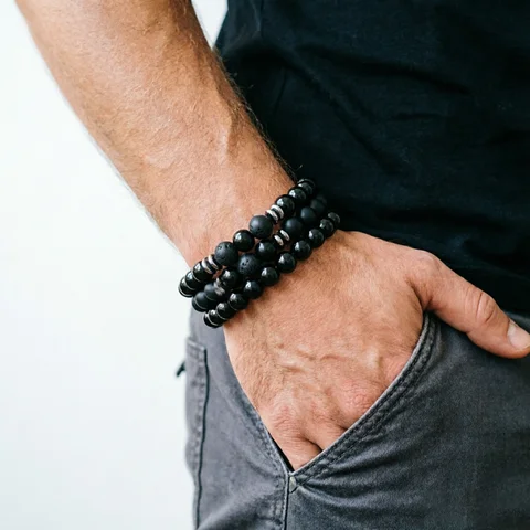 3Pcs/Set Men Natural Tiger Eye Lava Rock Beaded Bracelets Matte Black Onyx Stone Strand Bracelet For Man Stress Relief Yoga