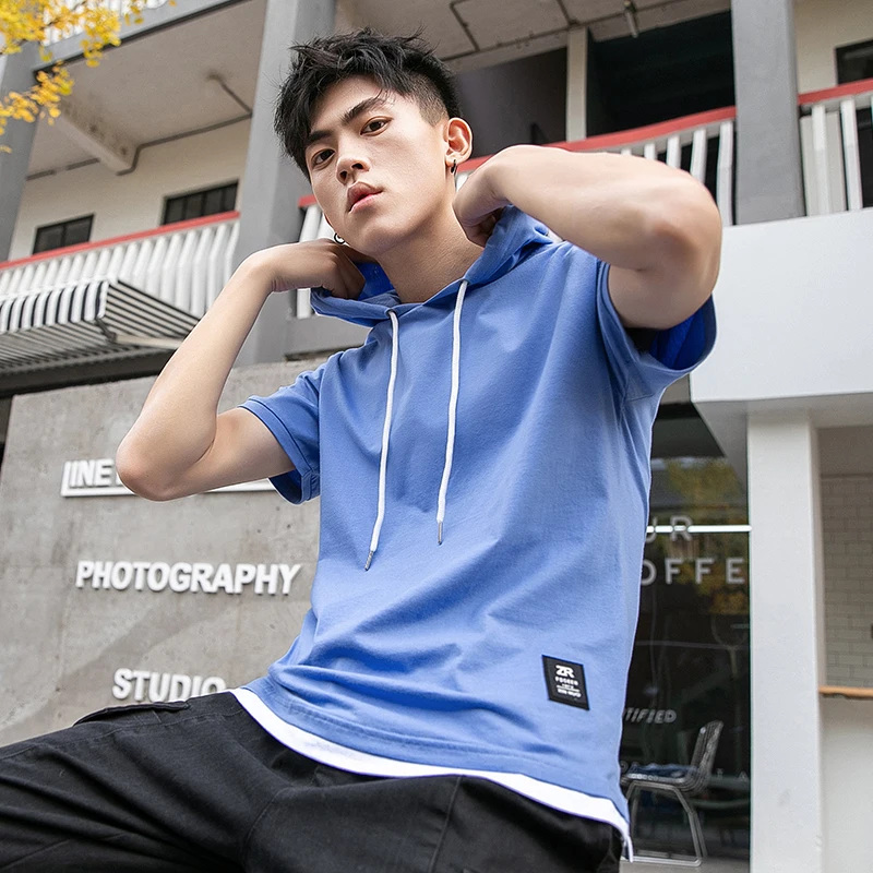 False Two Short Sleeve T-shirt Men's Hoods Casual Loose Summer New Solid Color Stitching Cotton Top Tee