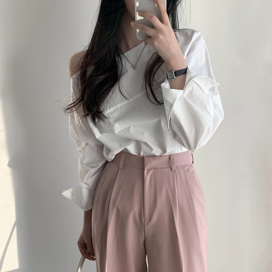 Korean Style Chic Off-Shoulder Loose Shirt All-match Versatile Lantern Long Sleeve Blouse Spring White Tops Blusas Mujer De Moda