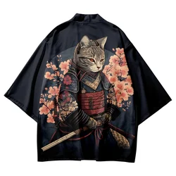 Japanese Cat Samurai Haori Kimono Cardigan Men Women Ukiyo-e Style Anime Cosplay Kimono Open Front Streetwear Harajuku Coat