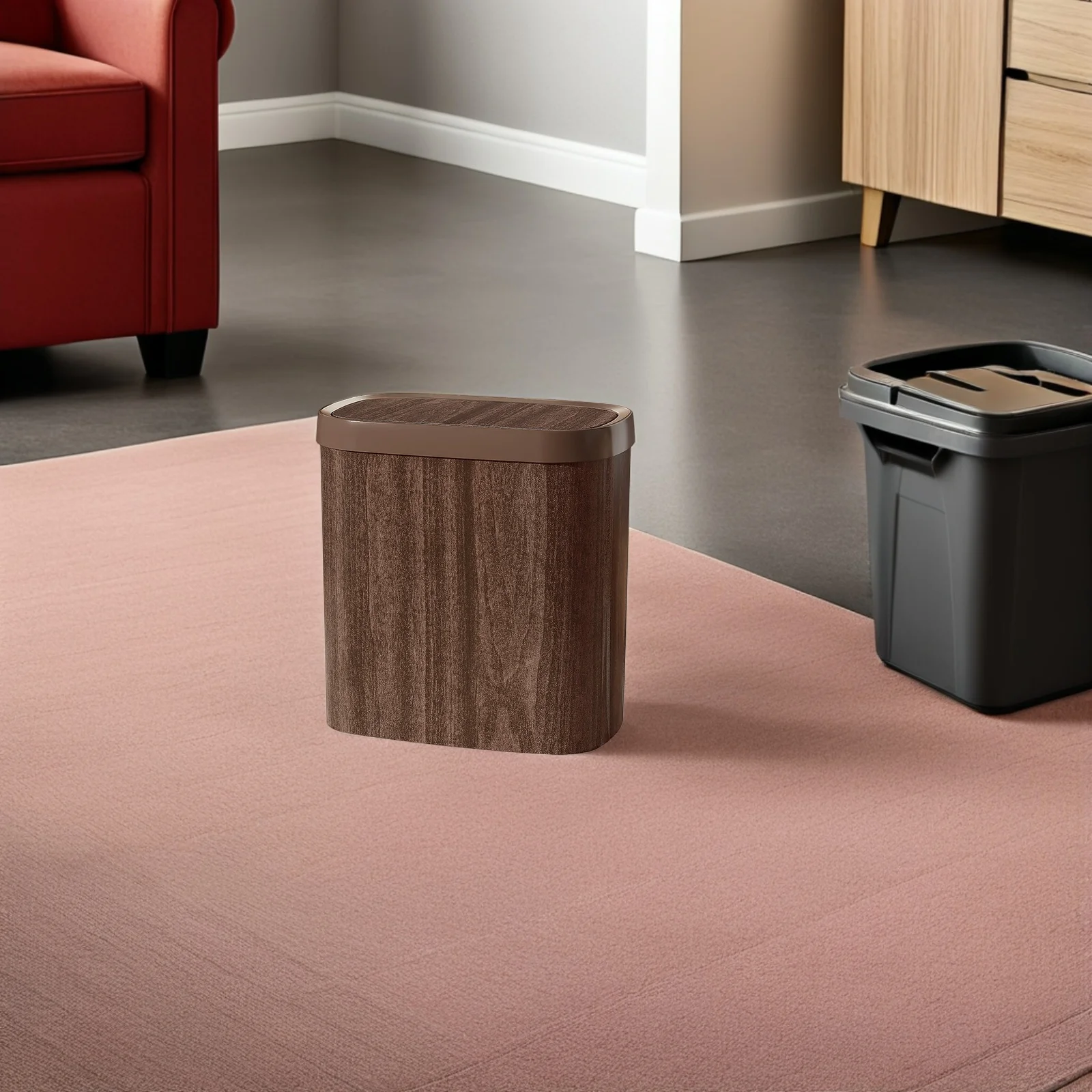 

9L Slim Design Trash Can Wood Grain Texture Bathroom Wastebasket for Home Office Hotel Compact Garbage Storage Container