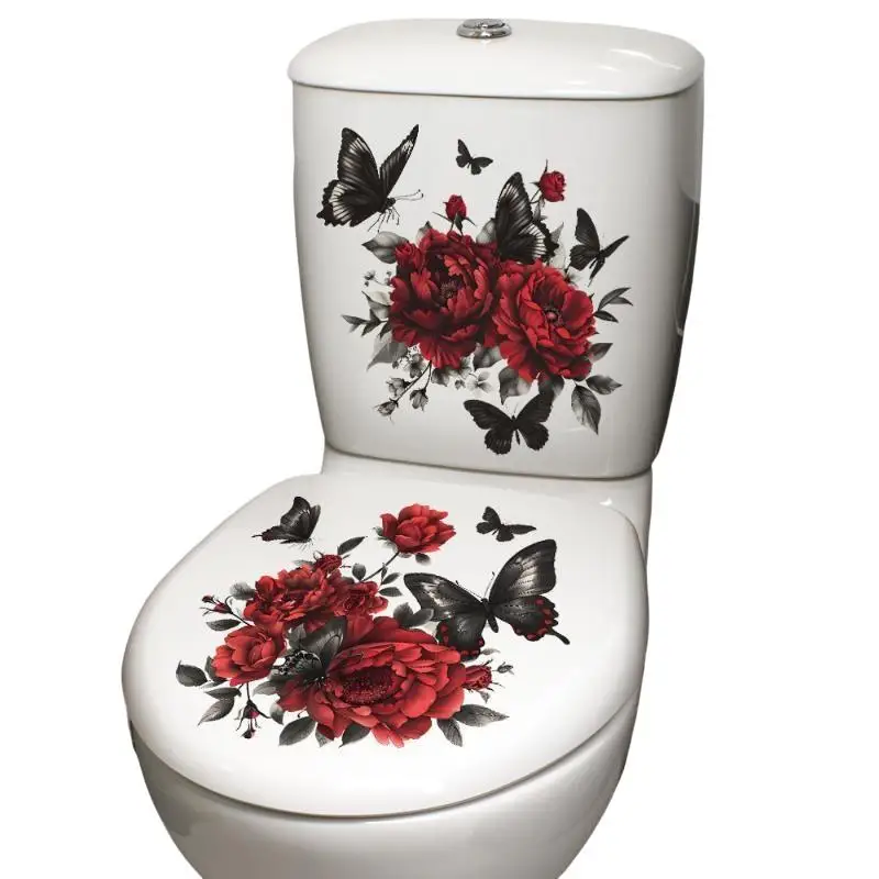 Red Rose And Black Butterfly Toilet Sticker Bathroom Realistic Floor Decal Waterproof Anti-Slip Removable Bathtub Decor