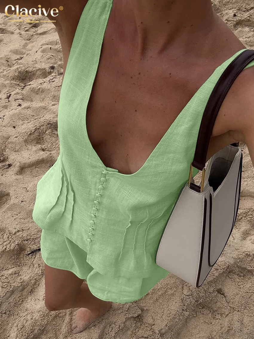 

Clacive Sexy Loose Green Cotton Two Piece Outfit Woman Summer Sleeveless Tank Top With High Waist Shorts Set Female Streetwear