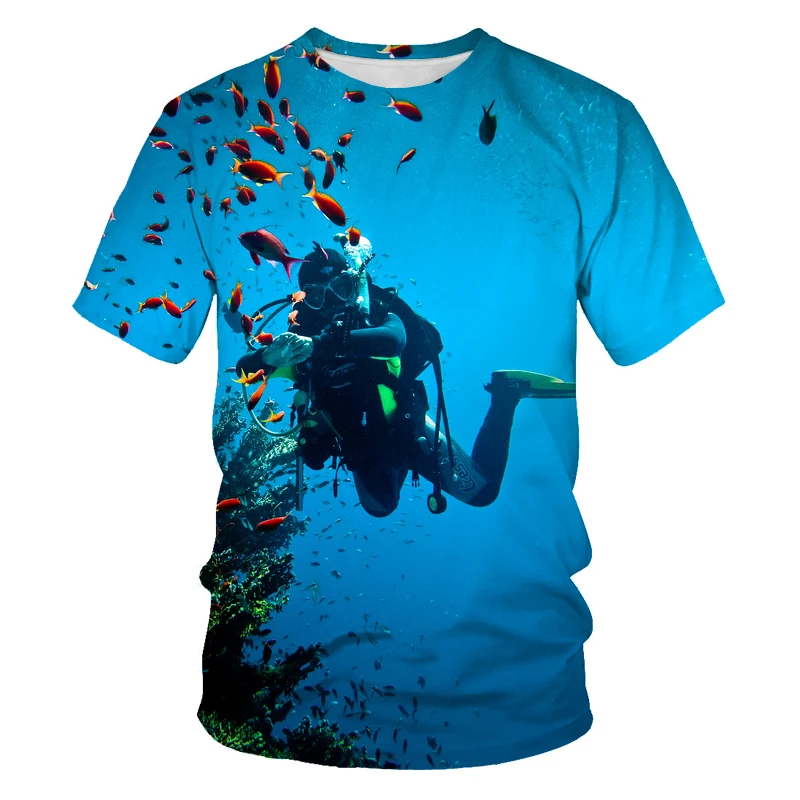 Summer Men\'s Fun Scuba Diving Explore The Underwater 3D Printed Men\'s T-shirt Crew Neck Short Sleeve Loose Top O-Neck T-shirt
